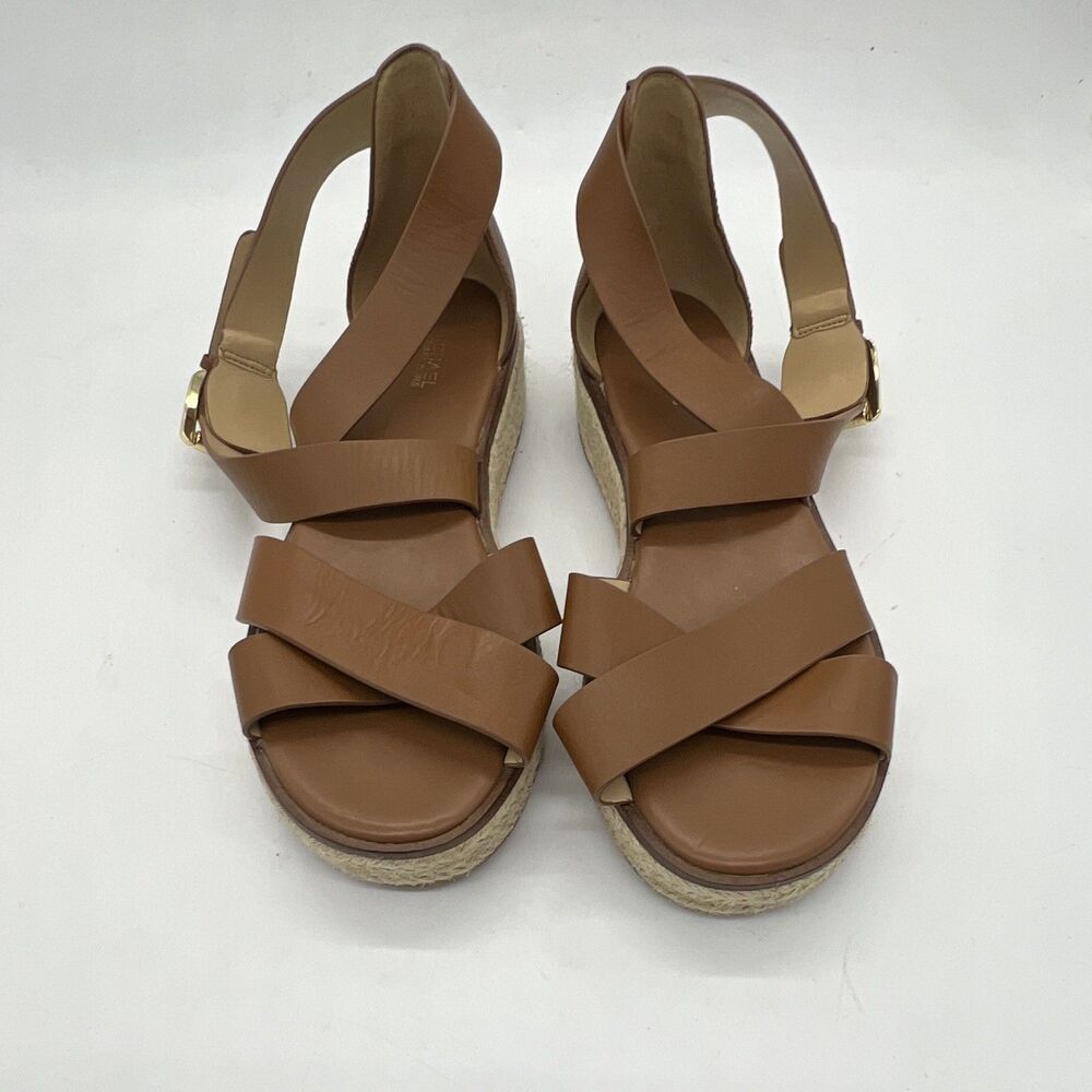 Michael Kors Brown Leather Buckle Platform Espadrille Sandal Women's US 9